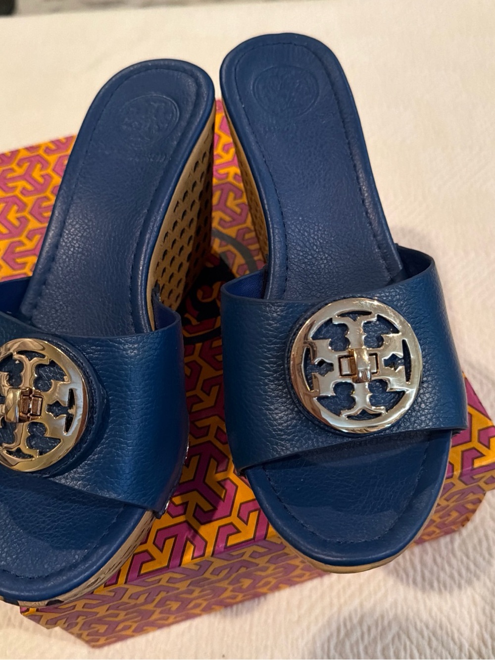 Tory Burch Navy Leather Slide Mules with Gold Logo Medallion